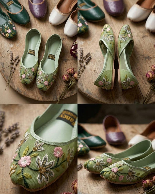 Sage Garden Embroidered Khussa — Traditional Floral Flats | Hand made