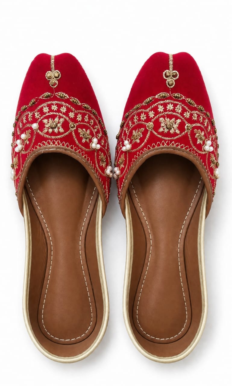 Crimson Velvet Mules — Pearl & Gold Thread Embroidery | Hand made