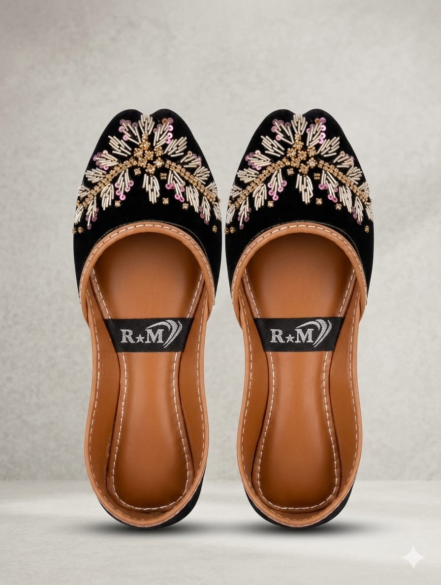 Noir Bloom Jutti — Black Velvet Beaded Flats | Hand made