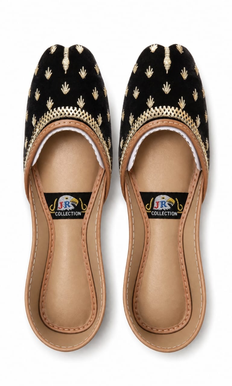 Midnight Gold Booti Jutti — Black Velvet Flats | Hand made