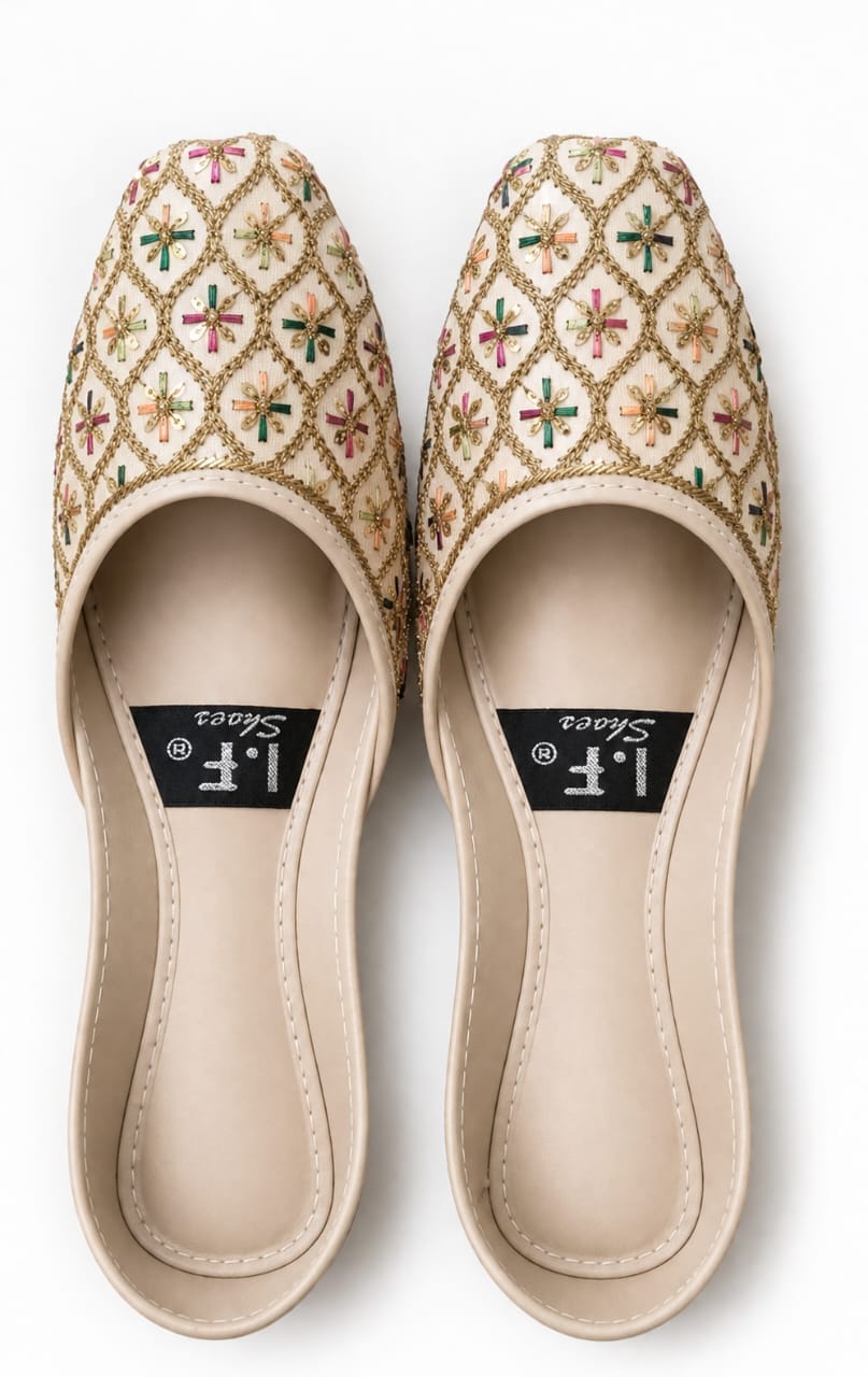 Jaali Bloom Jutti — Cream Multicolor Beaded Flats| Hand made