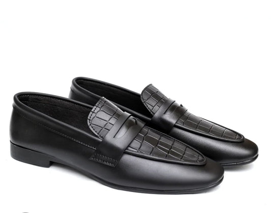 Mara Kadam Penny Loafers — Black Croc-Embossed | Men's Formal Slip-On Shoes