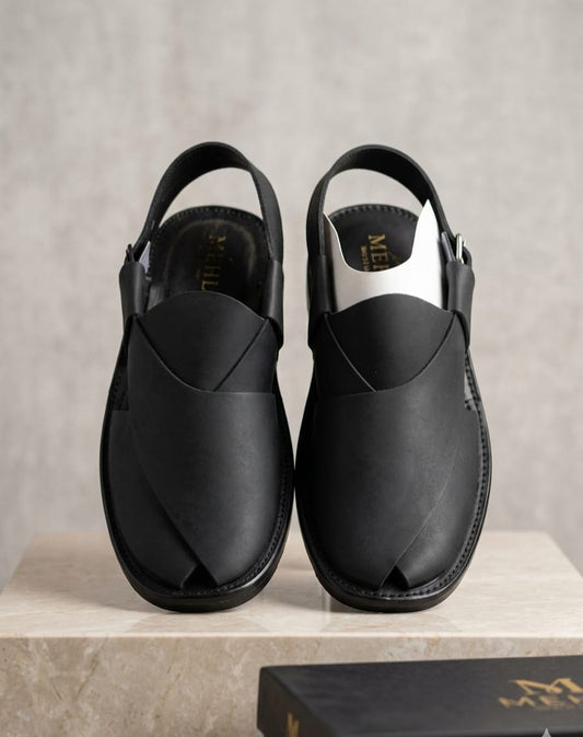 Premium Matte Black Peshawari Chappal – Handmade Leather Sandals