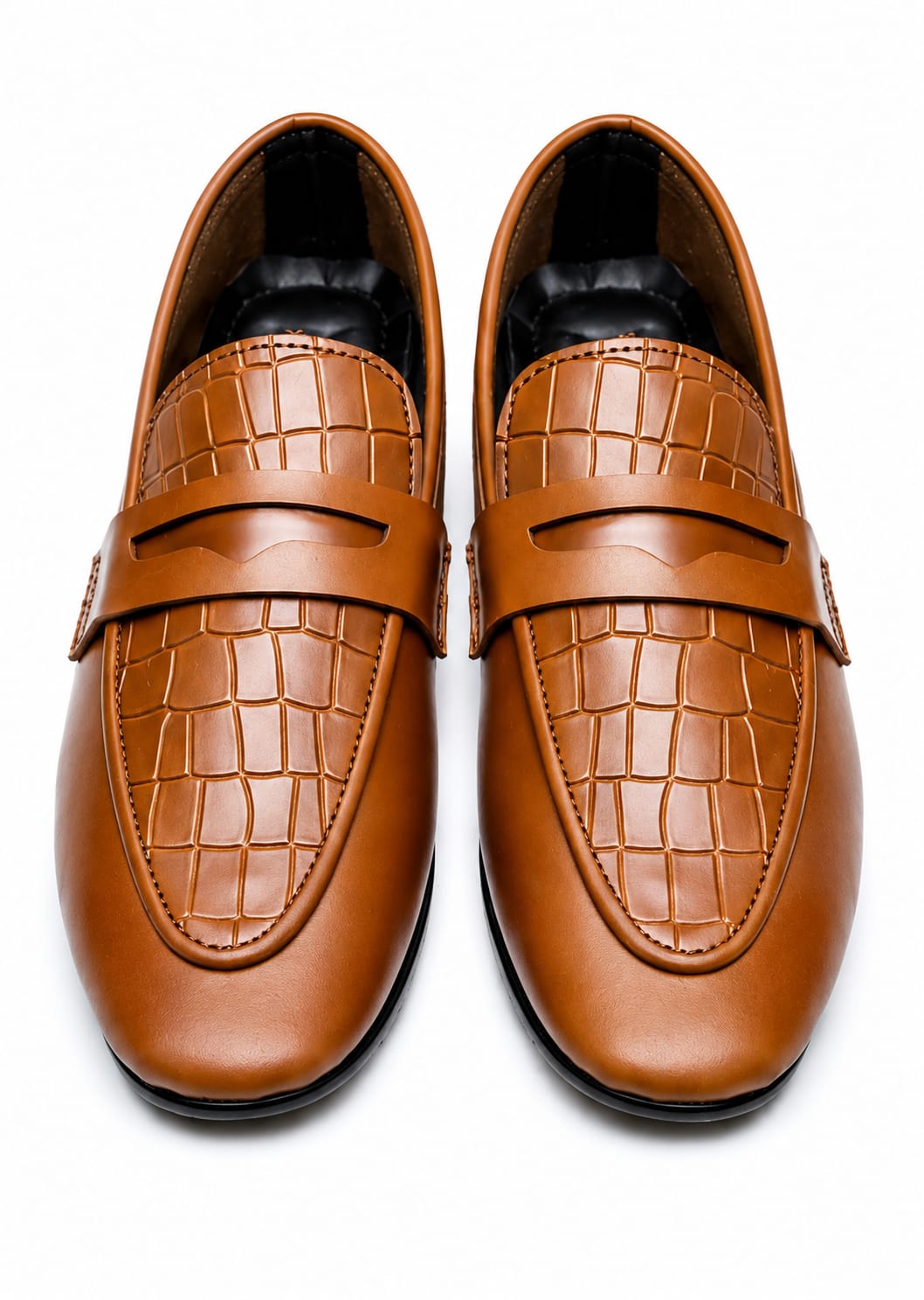 Men's Tan Croc-Embossed Penny Loafers – Slip-On Formal Dress Shoes