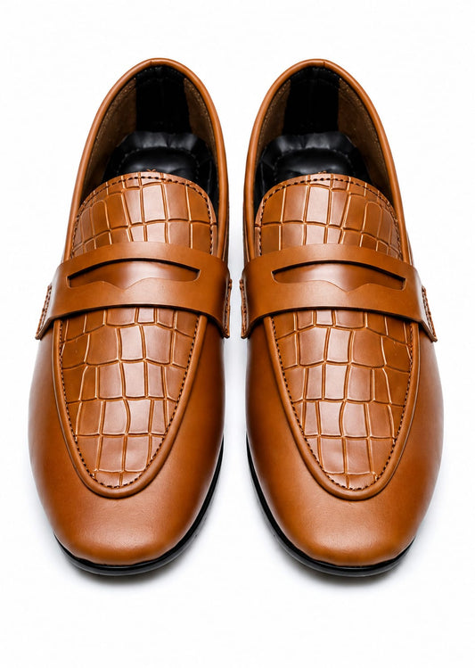 Men's Tan Croc-Embossed Penny Loafers – Slip-On Formal Dress Shoes