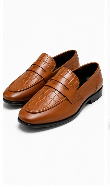 Men's Tan Croc-Embossed Penny Loafers – Slip-On Formal Dress Shoes