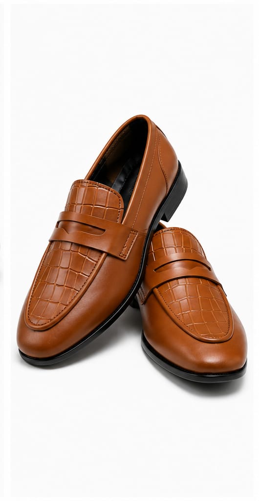 Men's Tan Croc-Embossed Penny Loafers – Slip-On Formal Dress Shoes