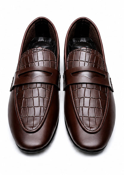 Men's Brown Croc-Embossed Penny Loafers – Slip-On Formal Dress Shoes