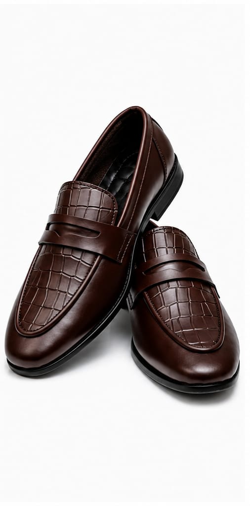 Men's Brown Croc-Embossed Penny Loafers – Slip-On Formal Dress Shoes