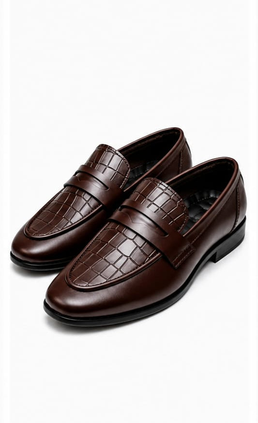 Men's Brown Croc-Embossed Penny Loafers – Slip-On Formal Dress Shoes