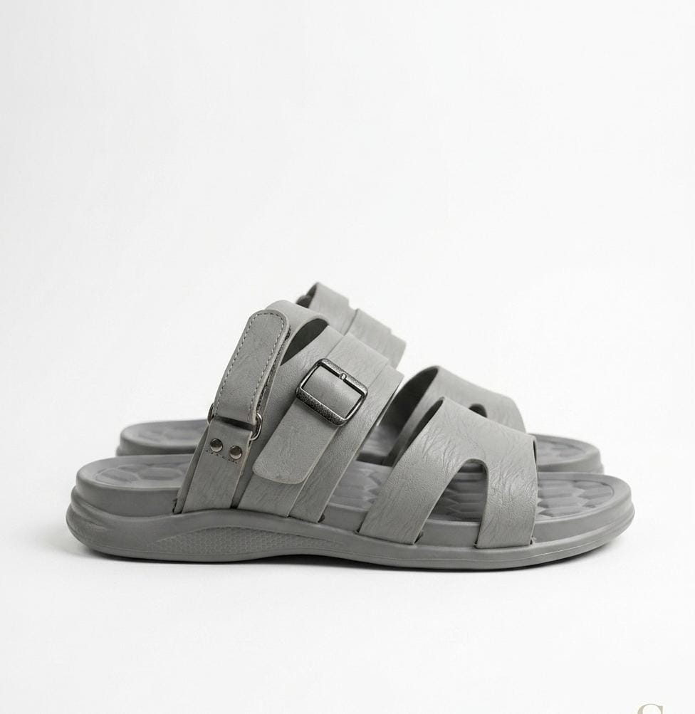 Grey Adjustable Buckle Slides – Lightweight Comfort Slippers for Men