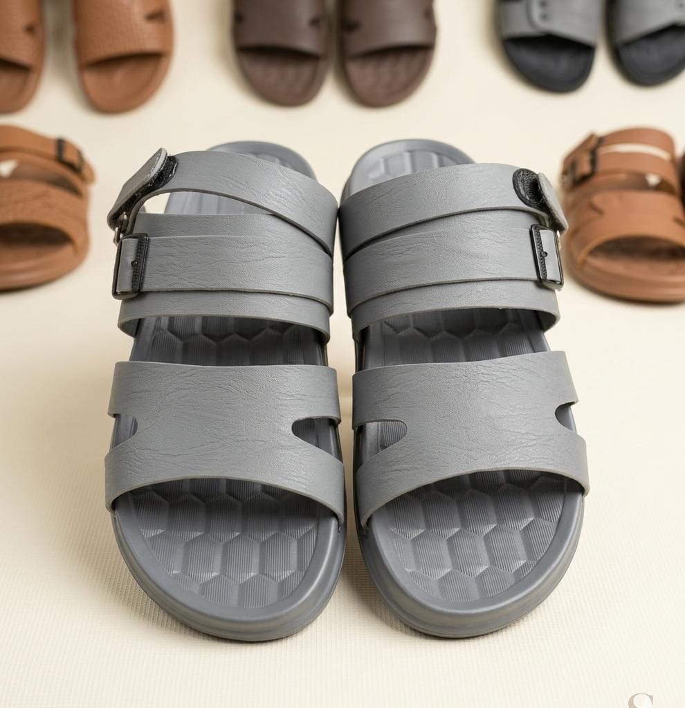 Grey Adjustable Buckle Slides – Lightweight Comfort Slippers for Men