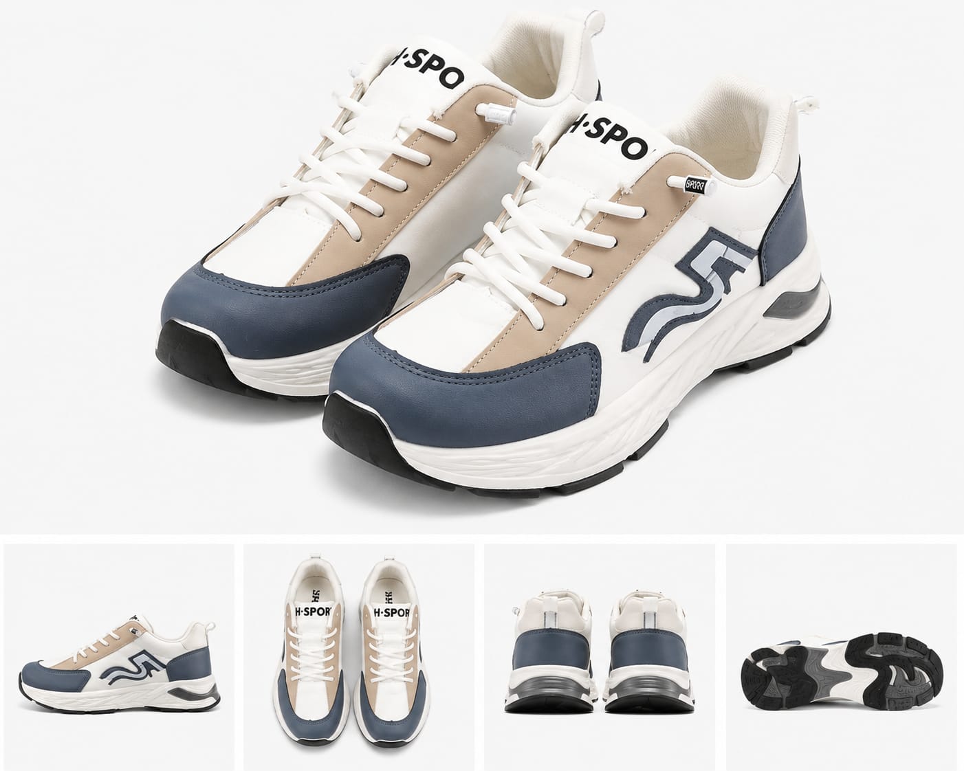 Men's H-Sport Color-Block Running Sneakers – White Navy Lace-Up Shoes