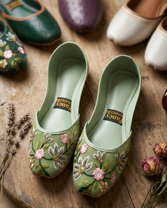 Sage Garden Embroidered Khussa — Traditional Floral Flats | Hand made