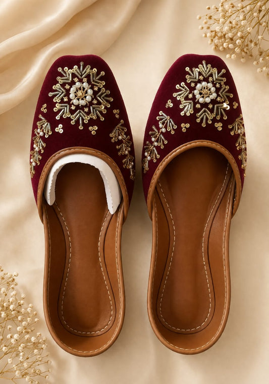 Royal Maroon Velvet Mules — Pearl & Gold Embroidered | Hand made