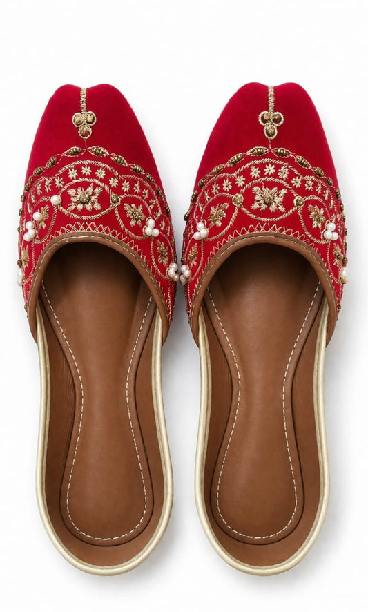 Crimson Velvet Mules — Pearl & Gold Thread Embroidery | Hand made