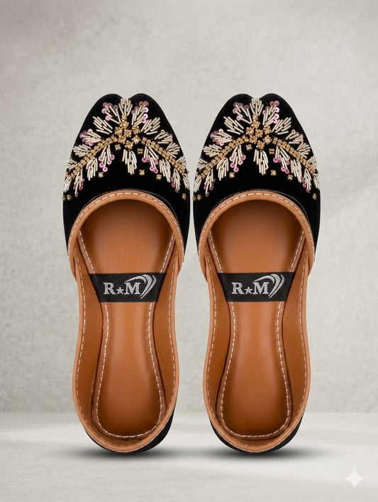 Noir Bloom Jutti — Black Velvet Beaded Flats | Hand made