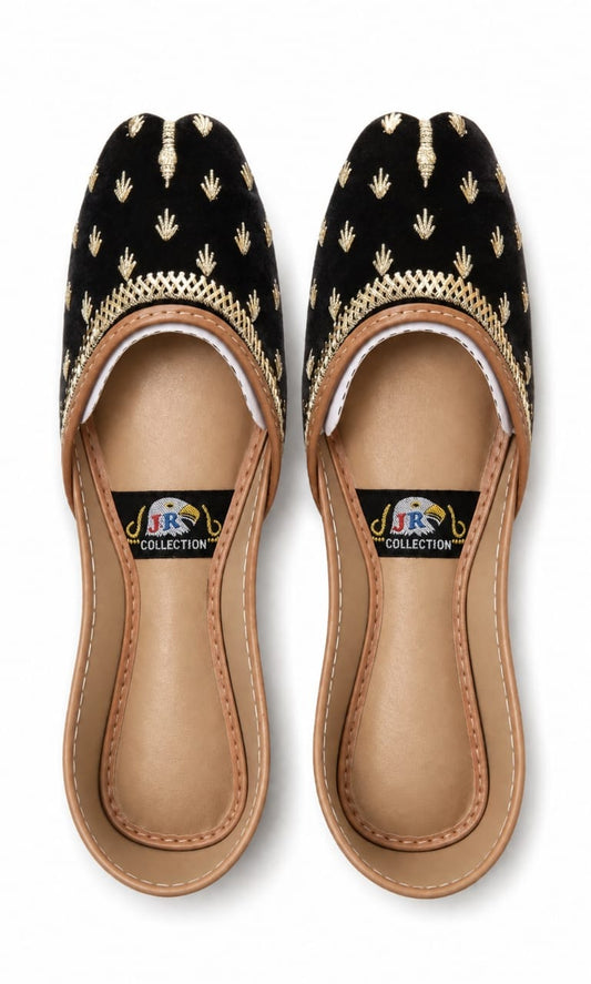 Midnight Gold Booti Jutti — Black Velvet Flats | Hand made