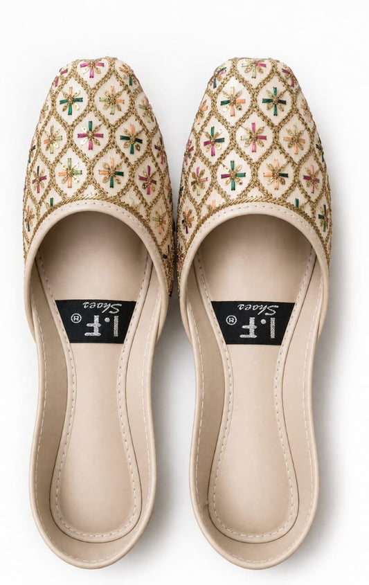 Jaali Bloom Jutti — Cream Multicolor Beaded Flats| Hand made