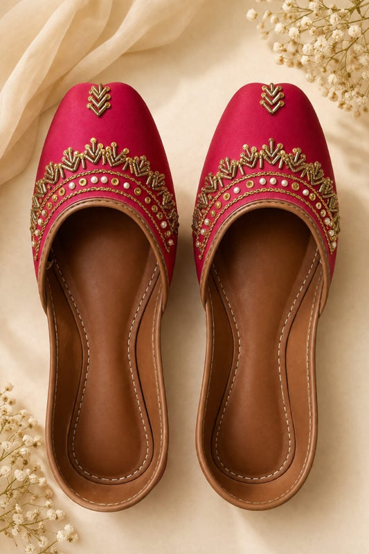 Magenta Bloom Mule — Pearl & Gold Beaded Flats | Hand made