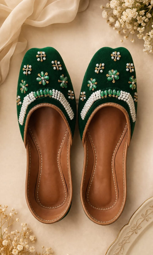Emerald Garden Mule — Pearl Beaded Velvet Flats | Hand made