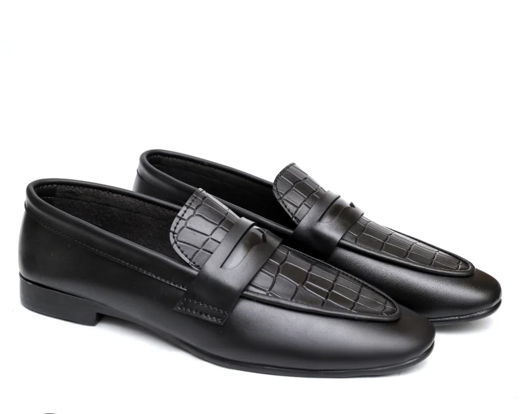 Mara Kadam Penny Loafers — Black Croc-Embossed | Men's Formal Slip-On Shoes