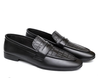 Mara Kadam Penny Loafers — Black Croc-Embossed | Men's Formal Slip-On Shoes